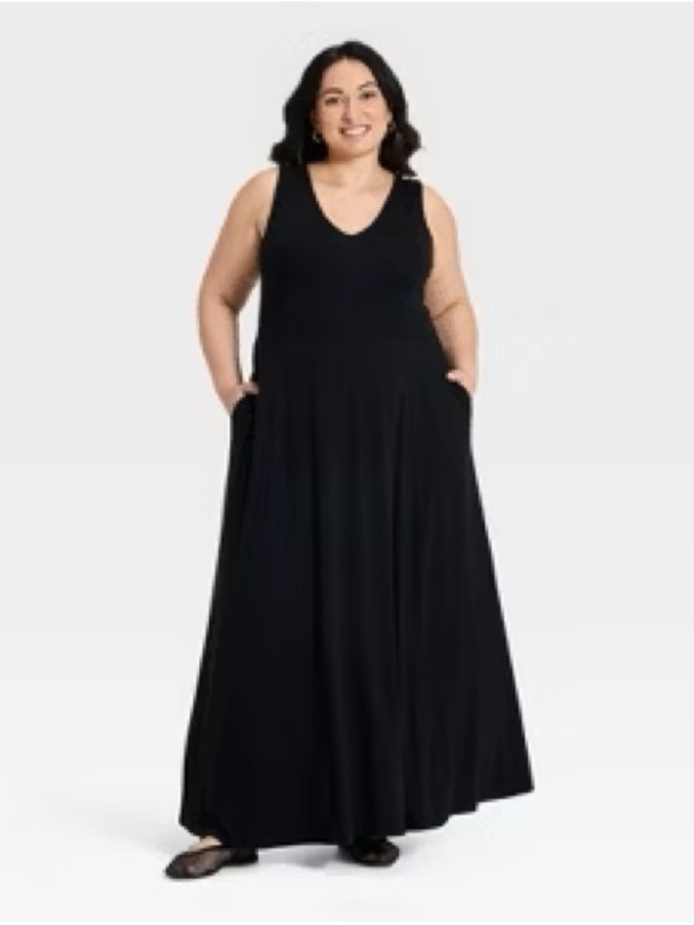 NWT Women’s Ava & Viv Knit Maxi A-Line Dress V-Neck Black Flared Hem